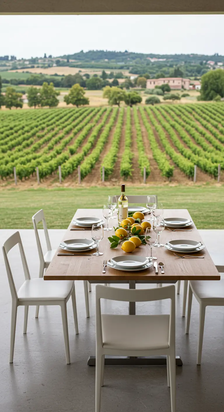 A modern dining table with white chairs overlooking rows of grapevines in a vineyard.