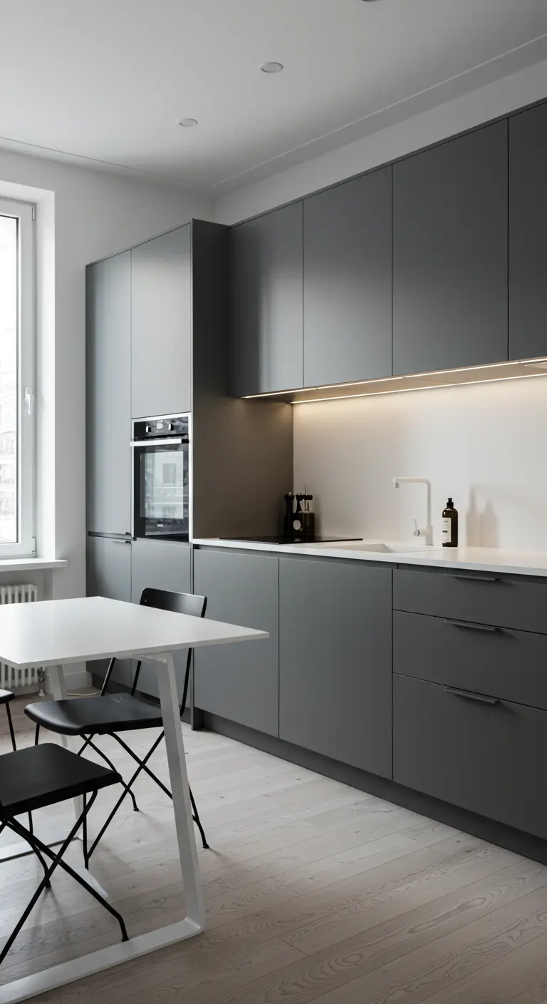 Sleek, modern kitchen with matte grey handleless cabinets and a minimalist dining table.