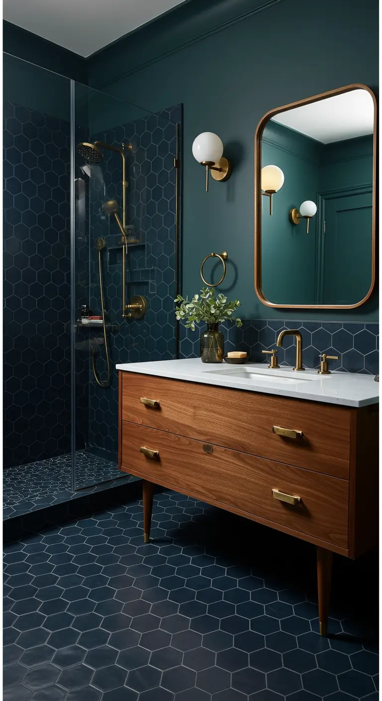 Dark blue bathroom with hexagonal floor and shower tiles and brass fixtures.
