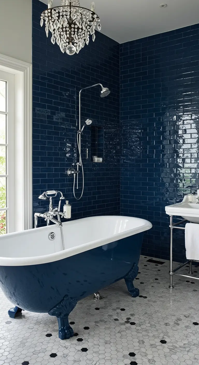 A bathroom with glossy sapphire subway tile walls and a matching sapphire-painted clawfoot tub.
