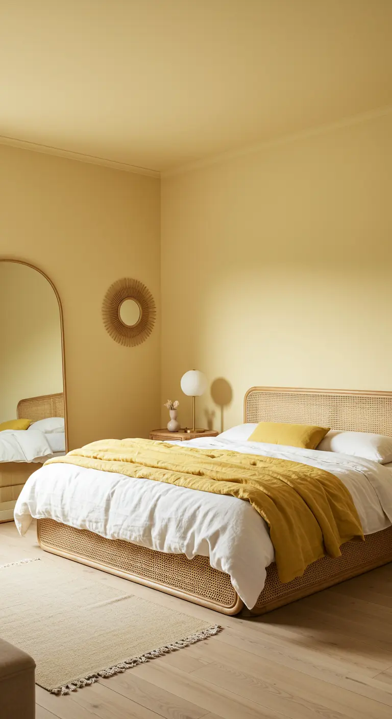 All-yellow bedroom with a rattan bed, arched mirror, and woven accents.