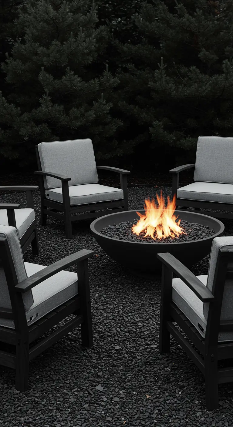Sleek black chairs with grey cushions around a black fire bowl on dark gravel.