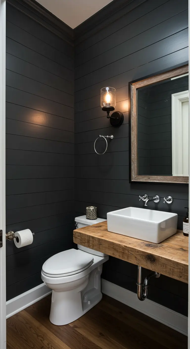 Moody powder room with dark gray shiplap walls and a floating reclaimed wood vanity.
