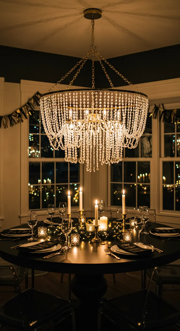 A glamorous crystal chandelier hanging over a dark, moody dining table set for a party.
