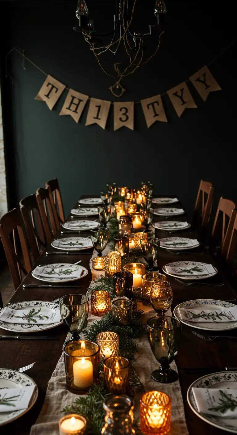 A long, dark dining table set for a 30th birthday with amber candles and a burlap banner.