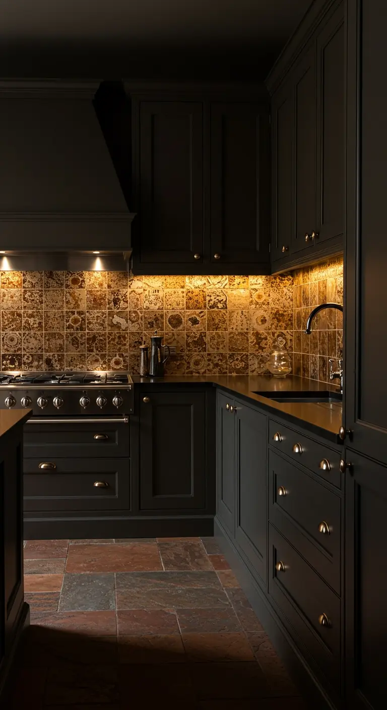 Moody kitchen with dark charcoal cabinets and a reflective gold-brown tile backsplash.