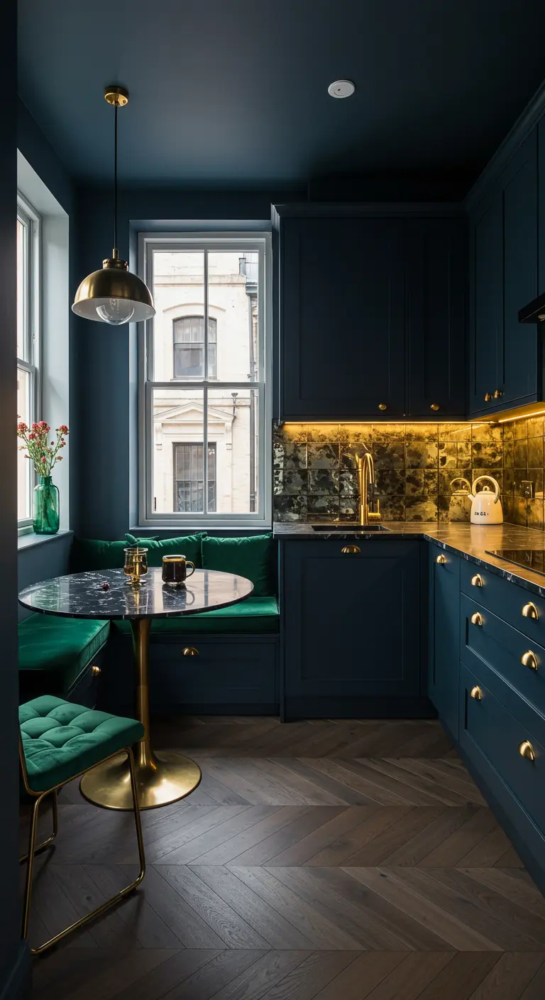 Dark blue kitchen with a round marble table and green velvet chair.