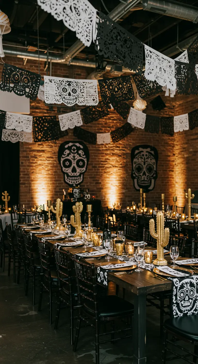 A dramatic party setting with black and white skull-themed papel picado and gold table decor.