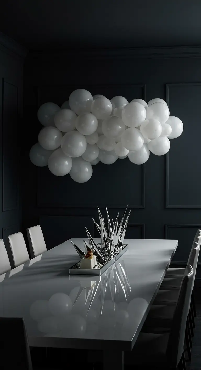 A white balloon cluster on a dark charcoal wall above a glossy table with a spiky chrome centerpiece.