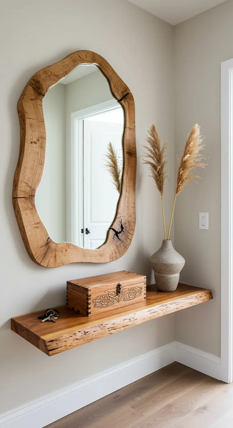 A live-edge floating wood shelf and a matching irregular-shaped live-edge wood mirror.