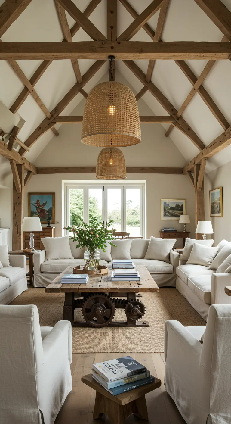 Vaulted barn-style living room with large rattan pendant lights and white slipcovered sofas.