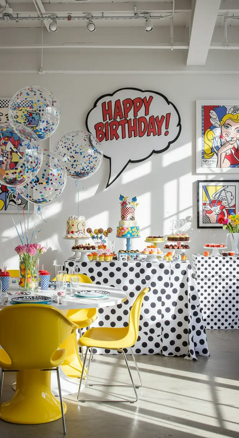 Pop art birthday party with a polka dot tablecloth and confetti balloons.