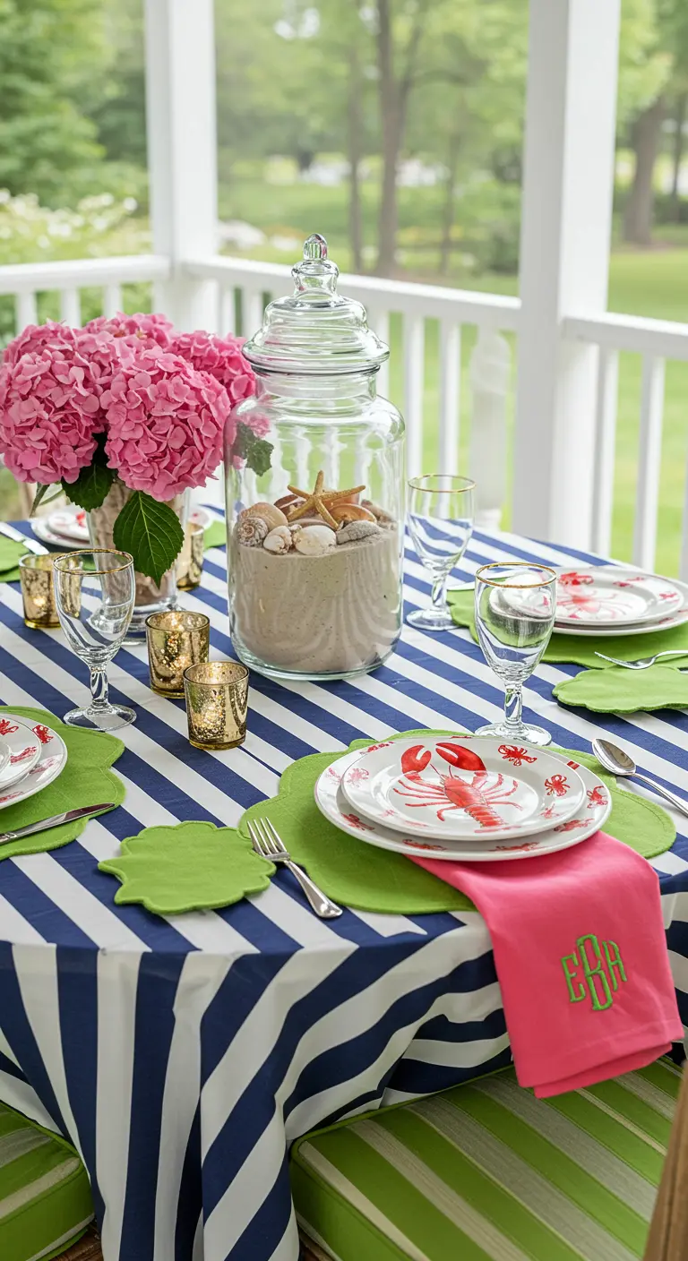 A preppy coastal tablescape with a striped tablecloth, lobster plates, and bright pink napkins.