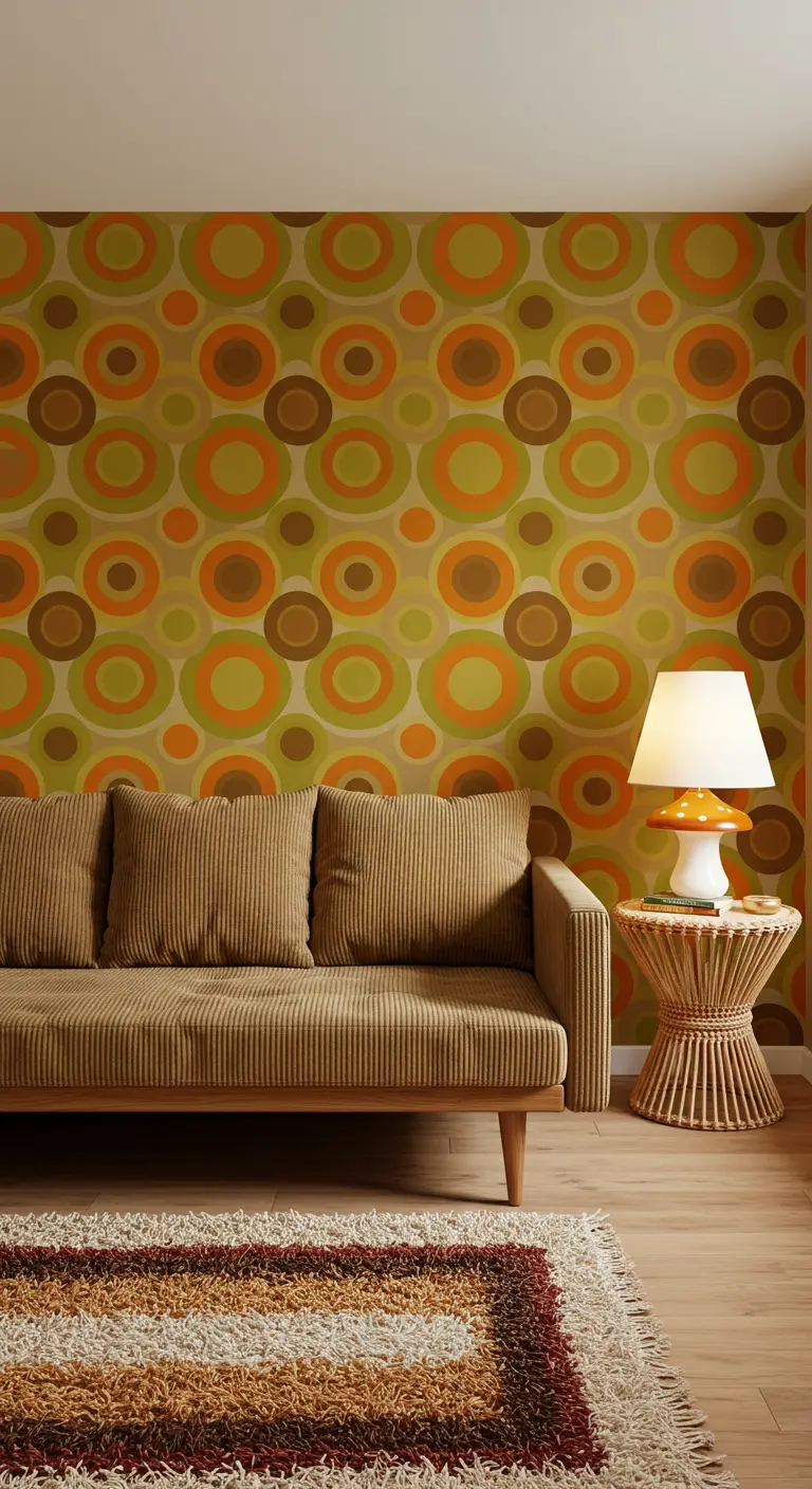 A 70s-inspired living room with a green and orange geometric circle wallpaper and a brown corduroy sofa.