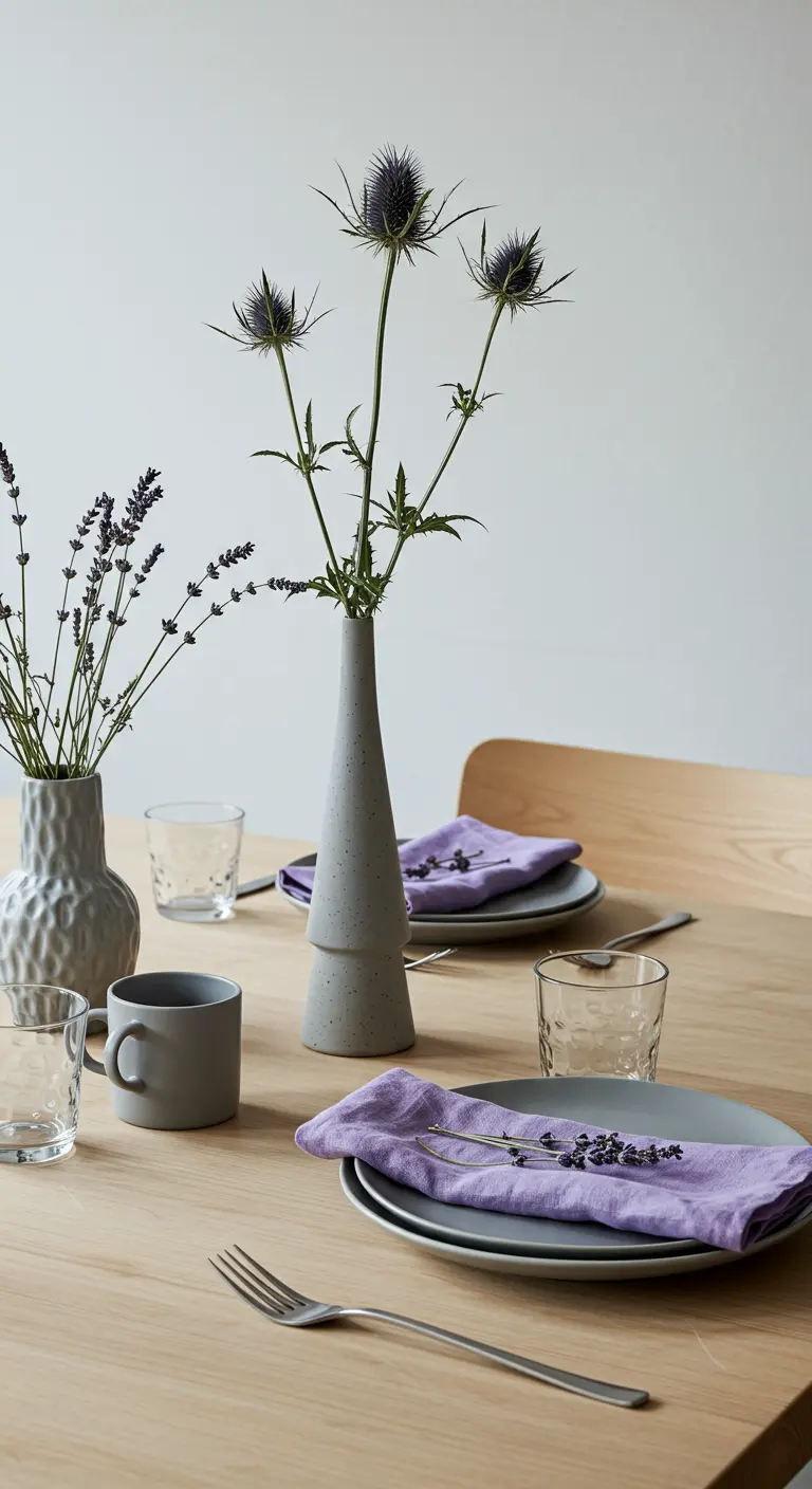 Minimalist table with modern grey vases holding lavender and thistle.