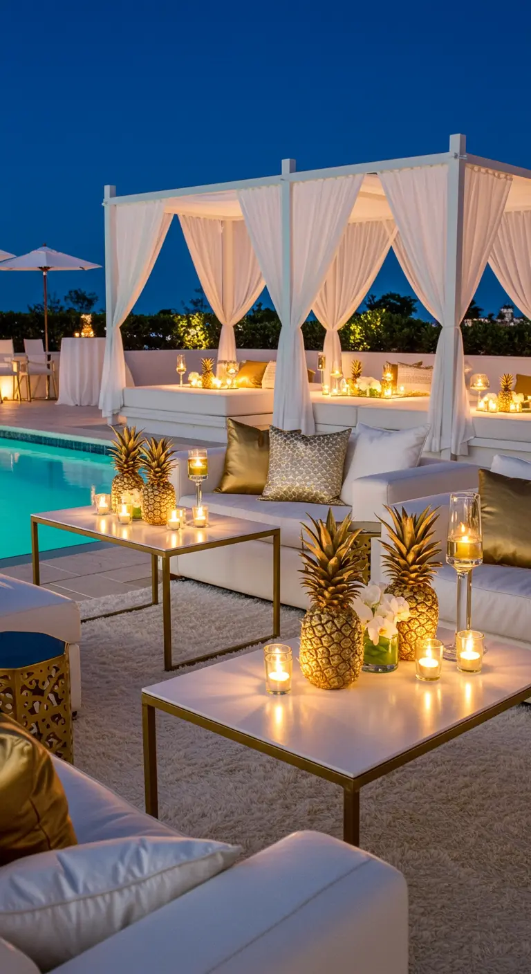 A chic poolside lounge with white cabanas, and coffee tables decorated with gold-painted pineapples and candles.