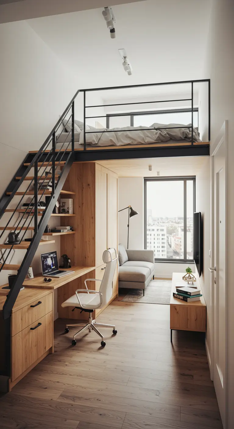 A loft bed with a large, integrated wooden desk and storage unit built underneath in a modern studio.