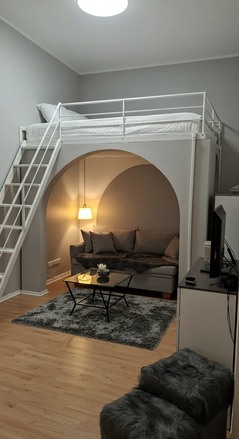 A white loft bed is built over a small sofa sitting within an arched alcove.