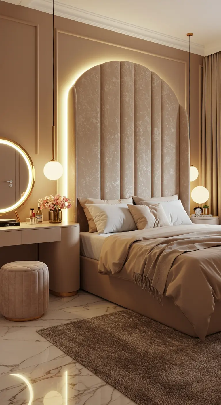 Tall, arched beige headboard with channel tufting and warm backlighting.