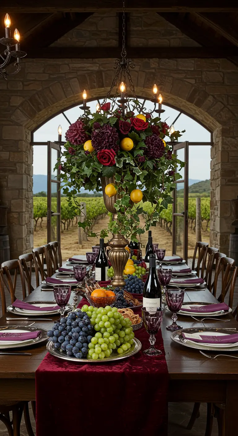 A grand floral centerpiece with red roses and lemons in an urn on a long dining table.