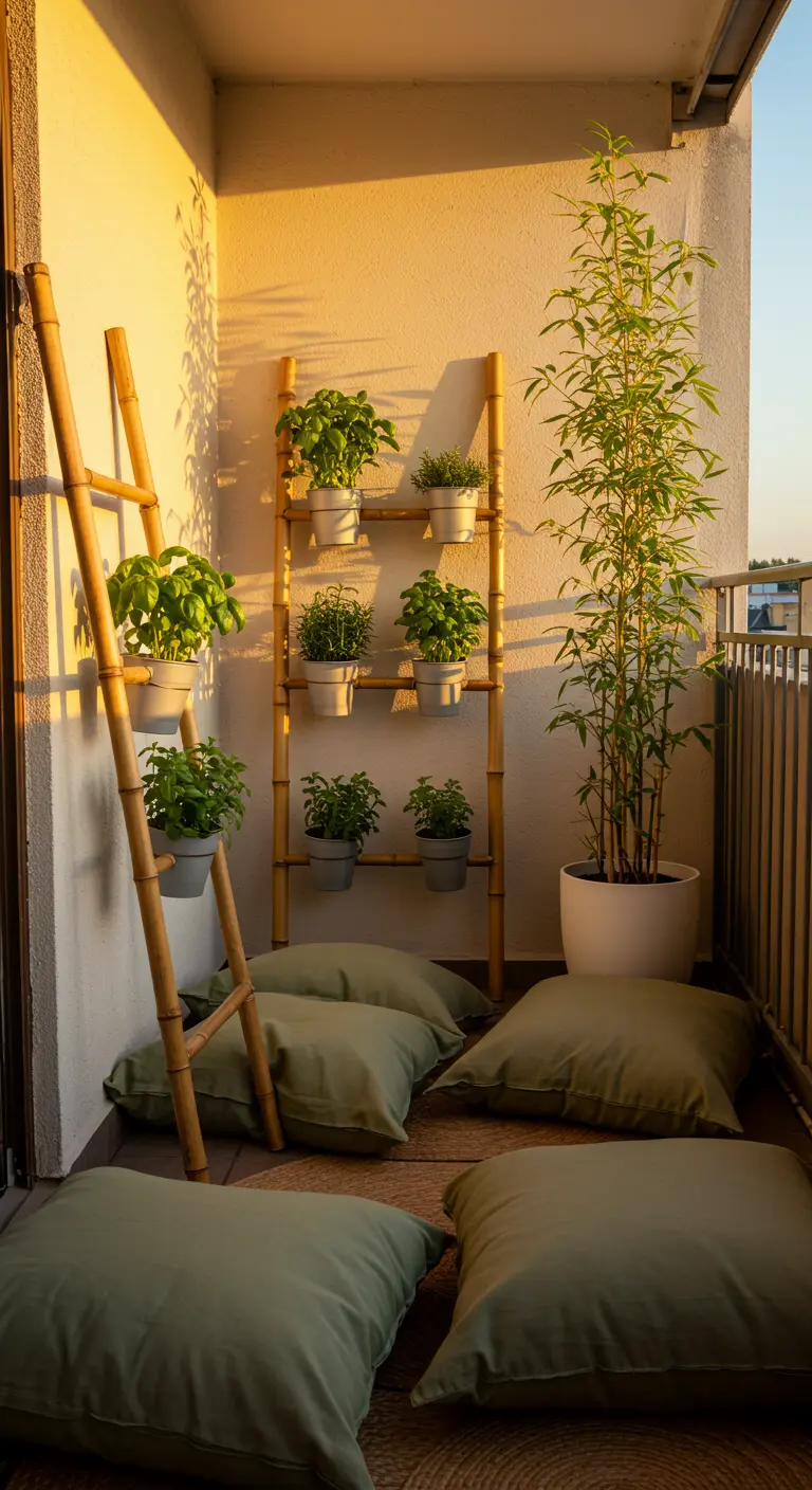 A sunlit balcony with sage green floor cushions and a bamboo ladder holding potted herbs.