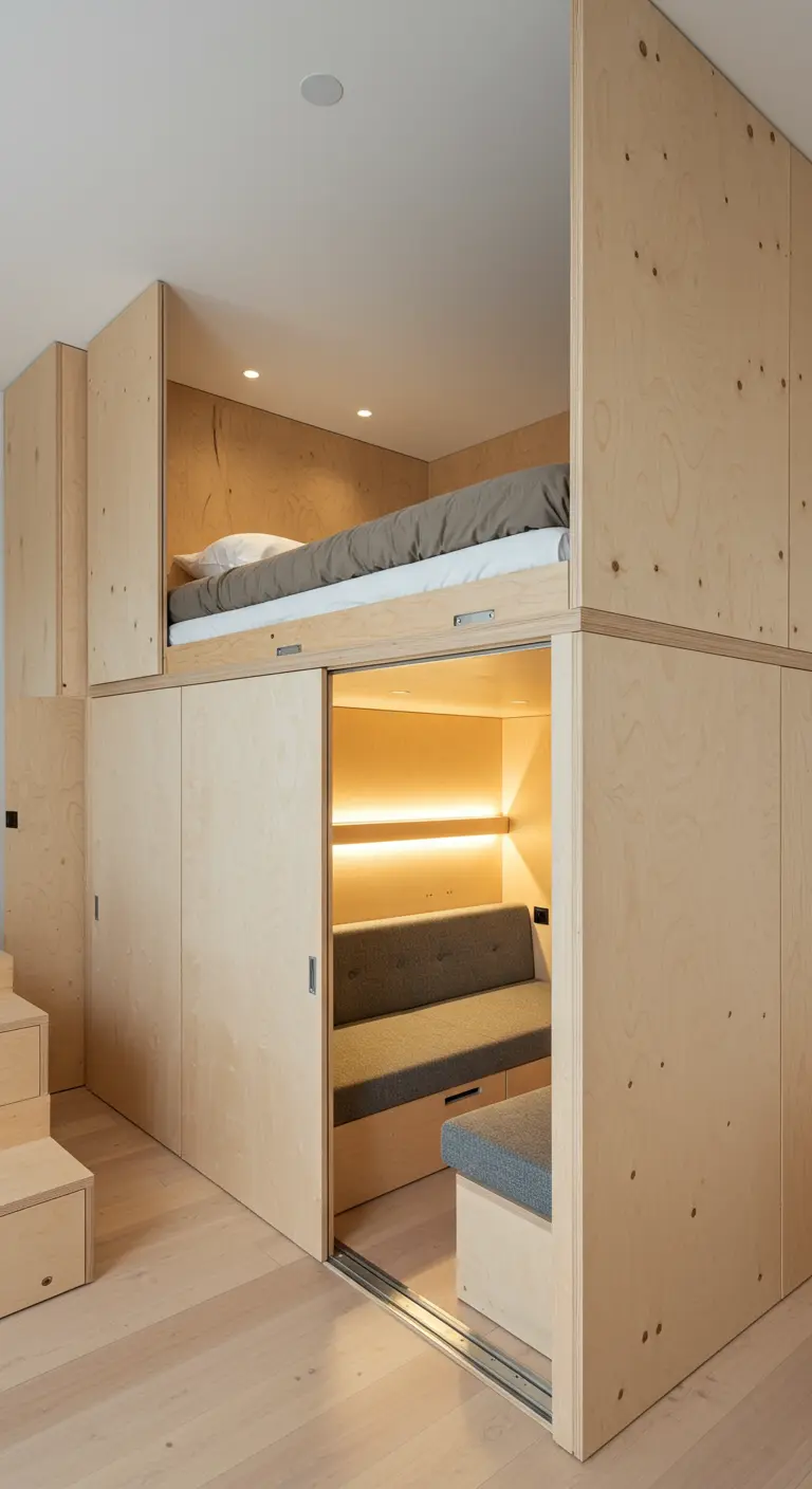 A loft bed made of plywood with a sliding door revealing a cozy seating nook underneath.