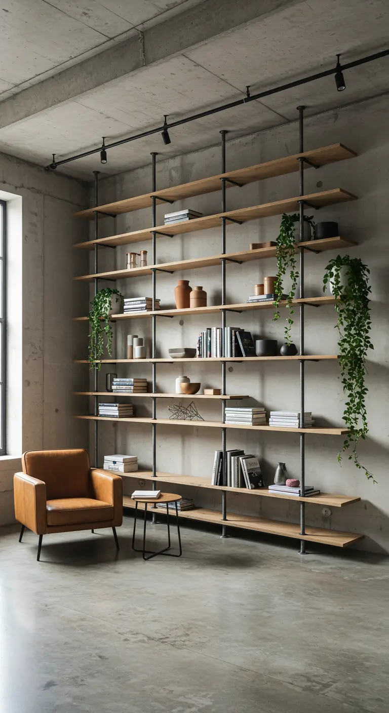 A floor-to-ceiling shelving unit against a concrete wall, styled with books and plants.