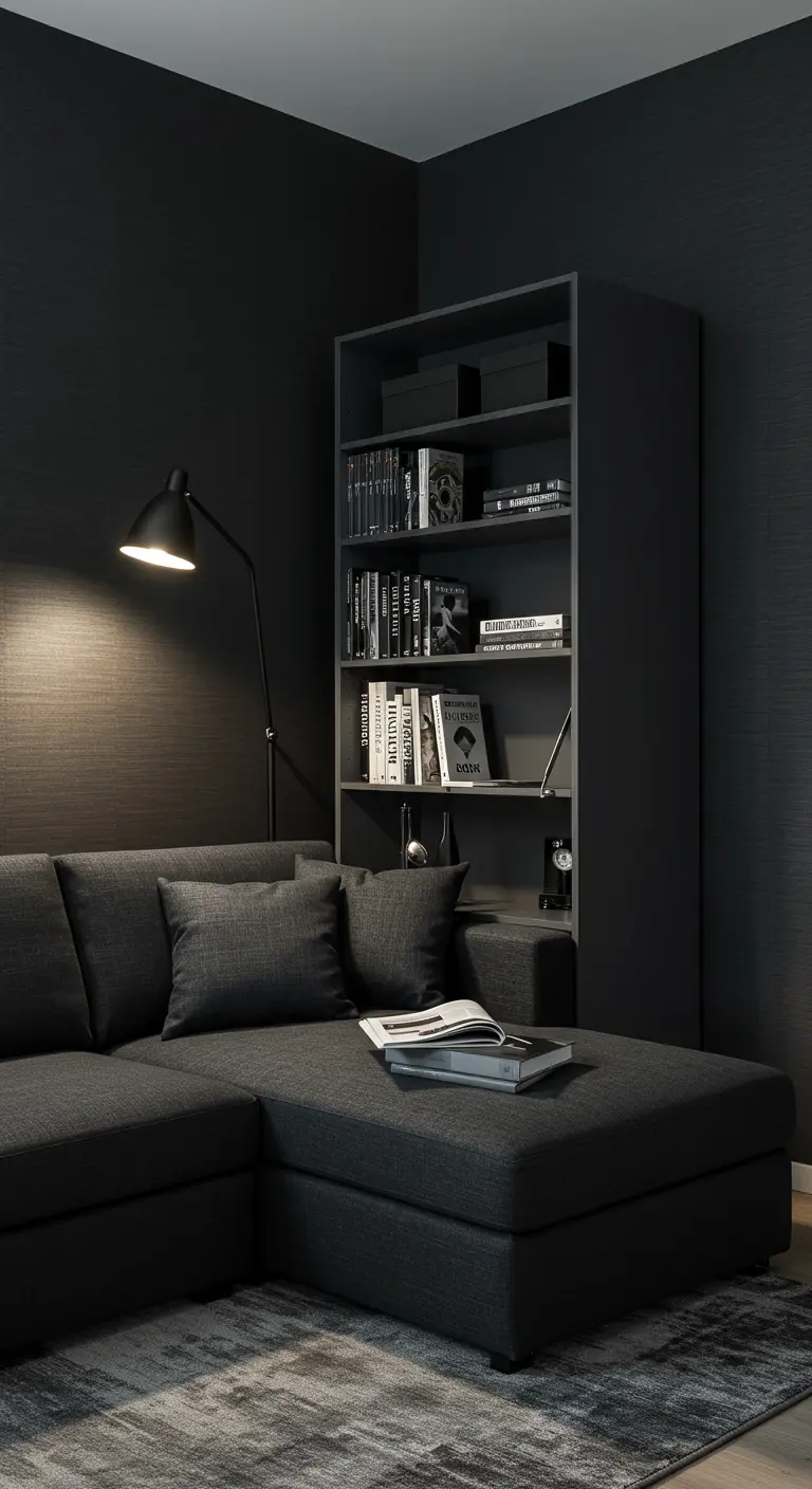 Charcoal gray sectional sofa next to a tall black bookshelf in a dark room.