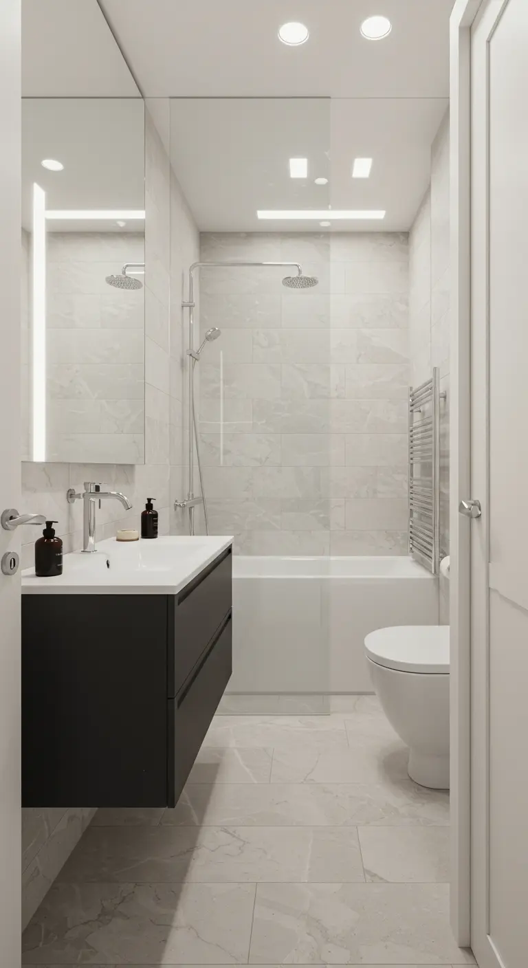 A small, modern bathroom with a large mirror covering the entire wall above the sink.