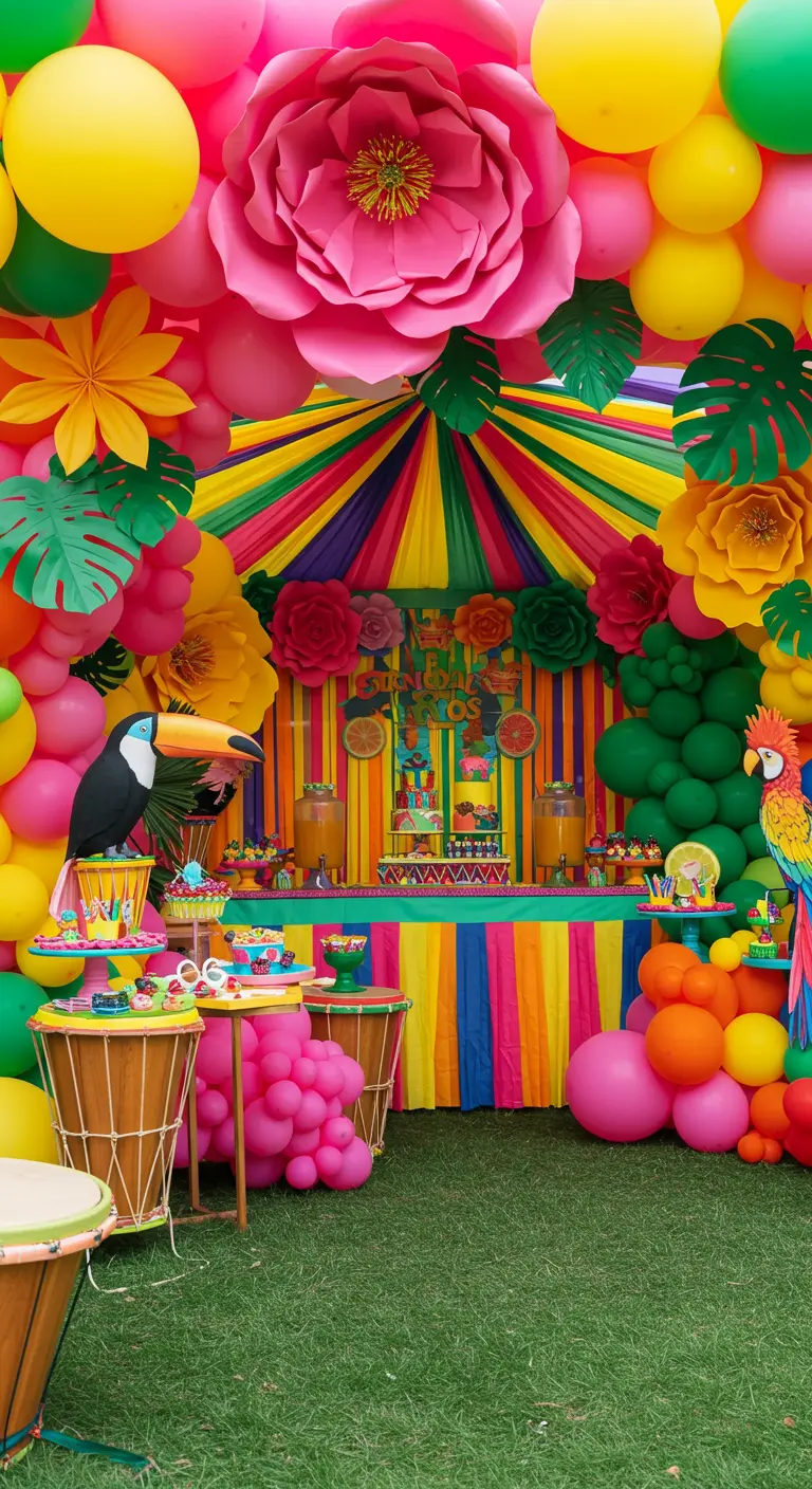 A tropical rainforest carnival with a colorful striped canopy, paper flowers, and toucan props.
