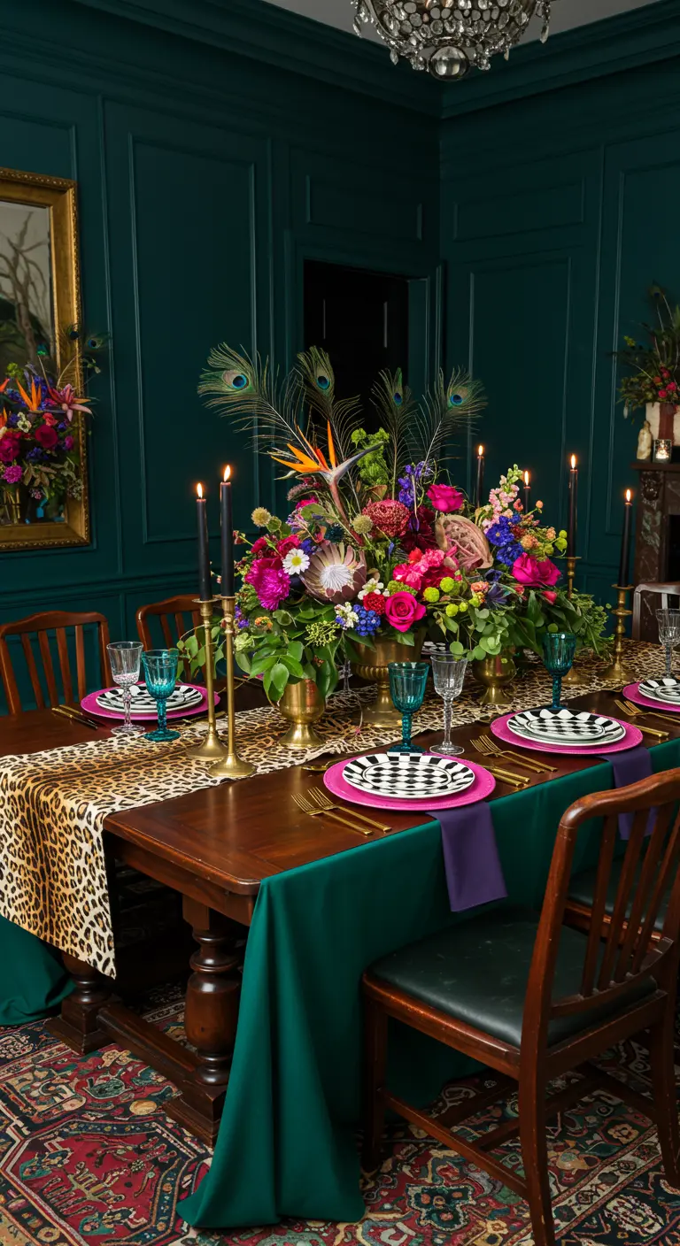 Maximalist dining table with emerald green walls, a leopard runner, and a vibrant floral centerpiece.