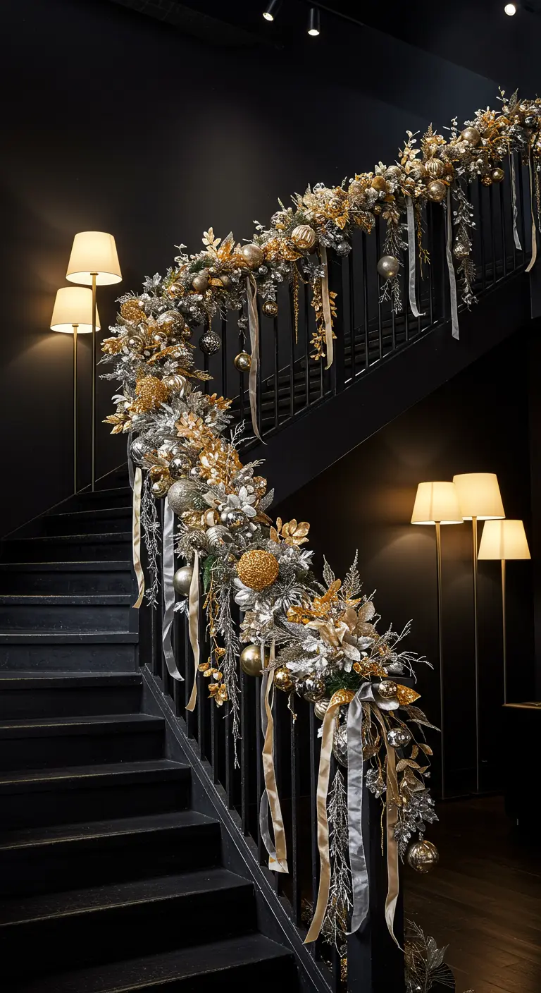Black staircase adorned with frosted gold and silver metallic garland and long ribbons.