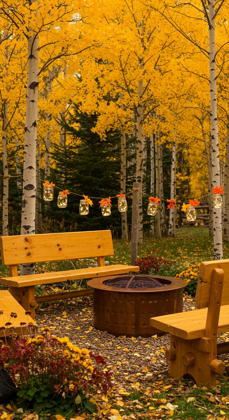 A fire pit in a grove of yellow aspen trees, with benches and a garland of mason jar lights.