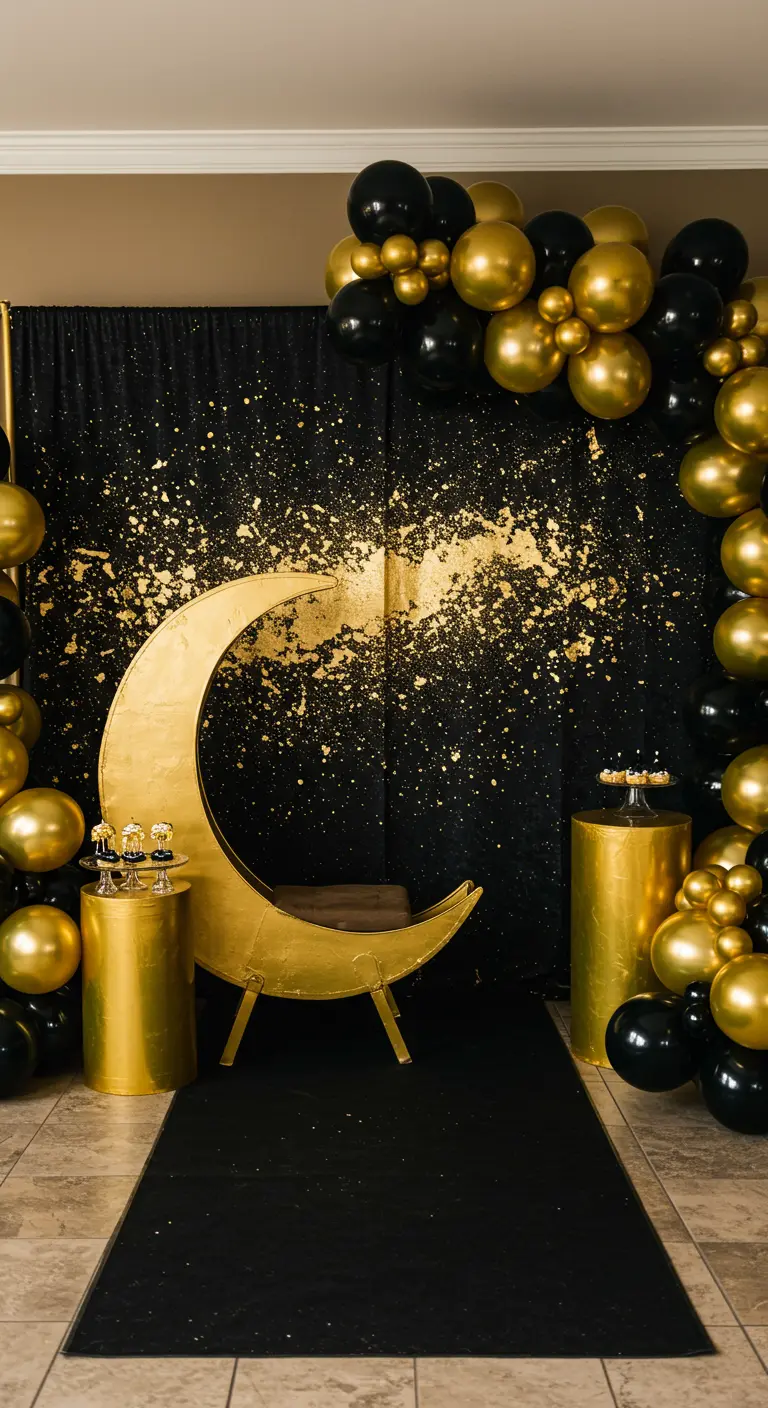 A black backdrop with gold paint splatter, a large gold moon-shaped seat, and balloons.