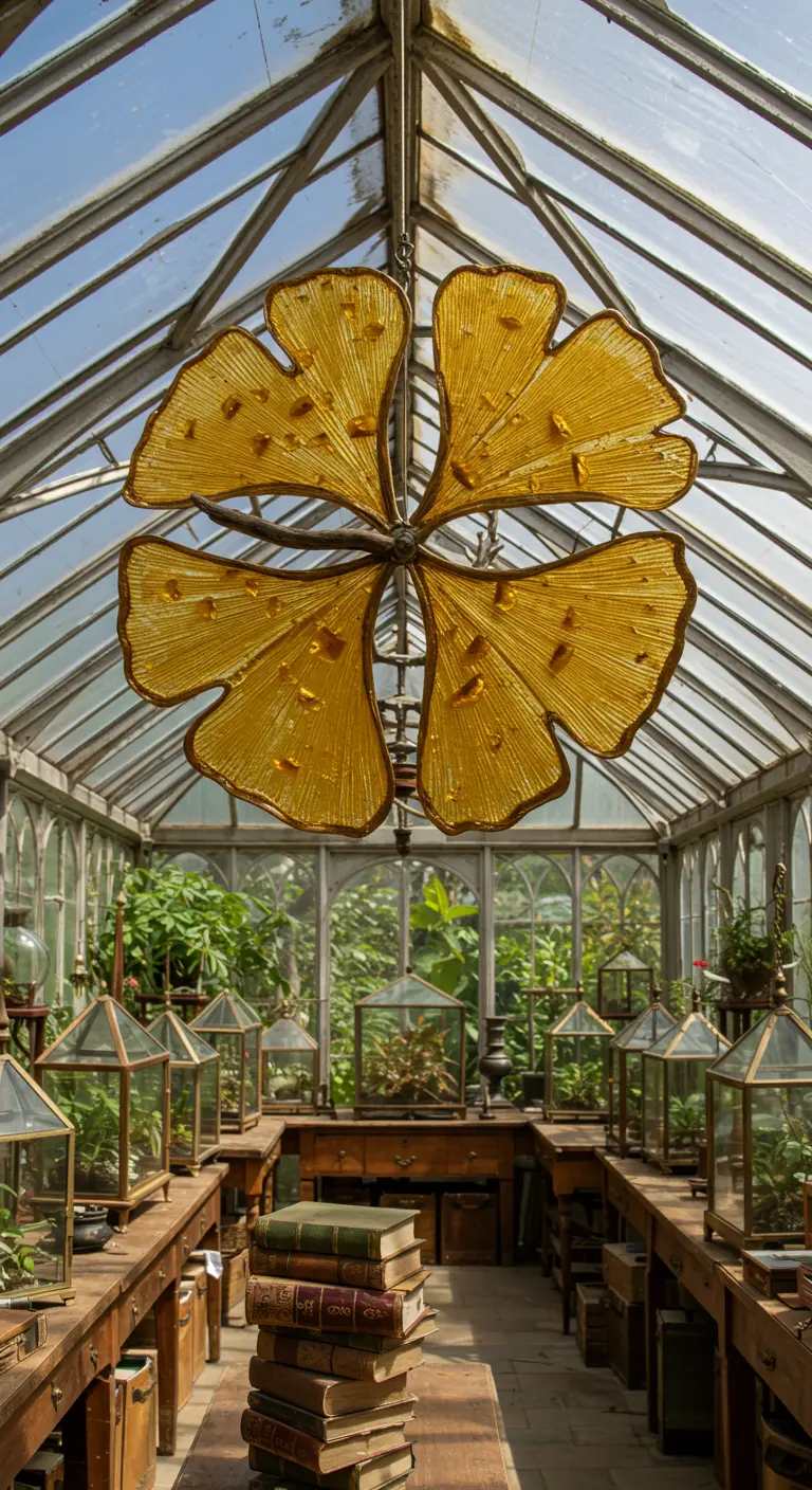 A large, golden resin chandelier shaped like ginkgo leaves hanging in a glass greenhouse.