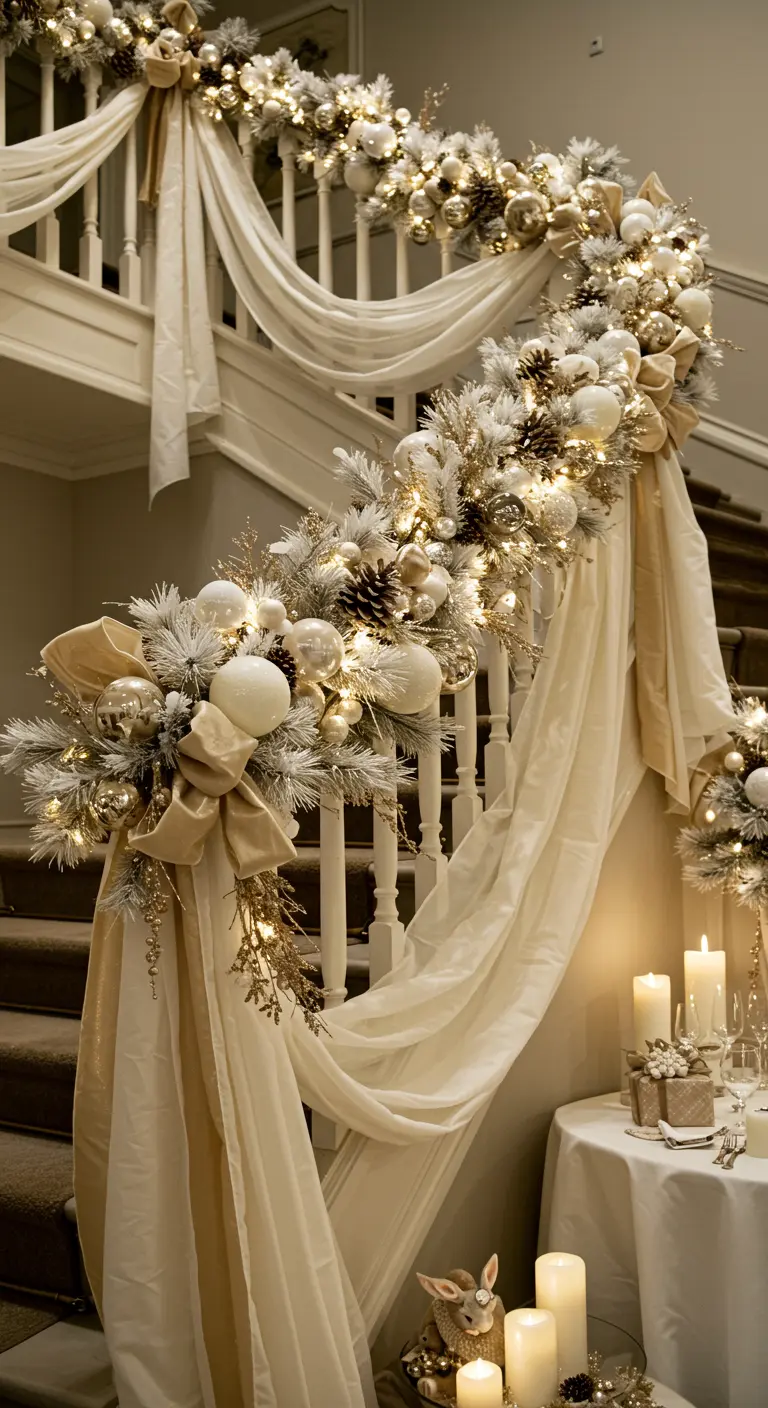 Elegant staircase with frosted gold and white garland, sheer fabric draping, and warm lights.