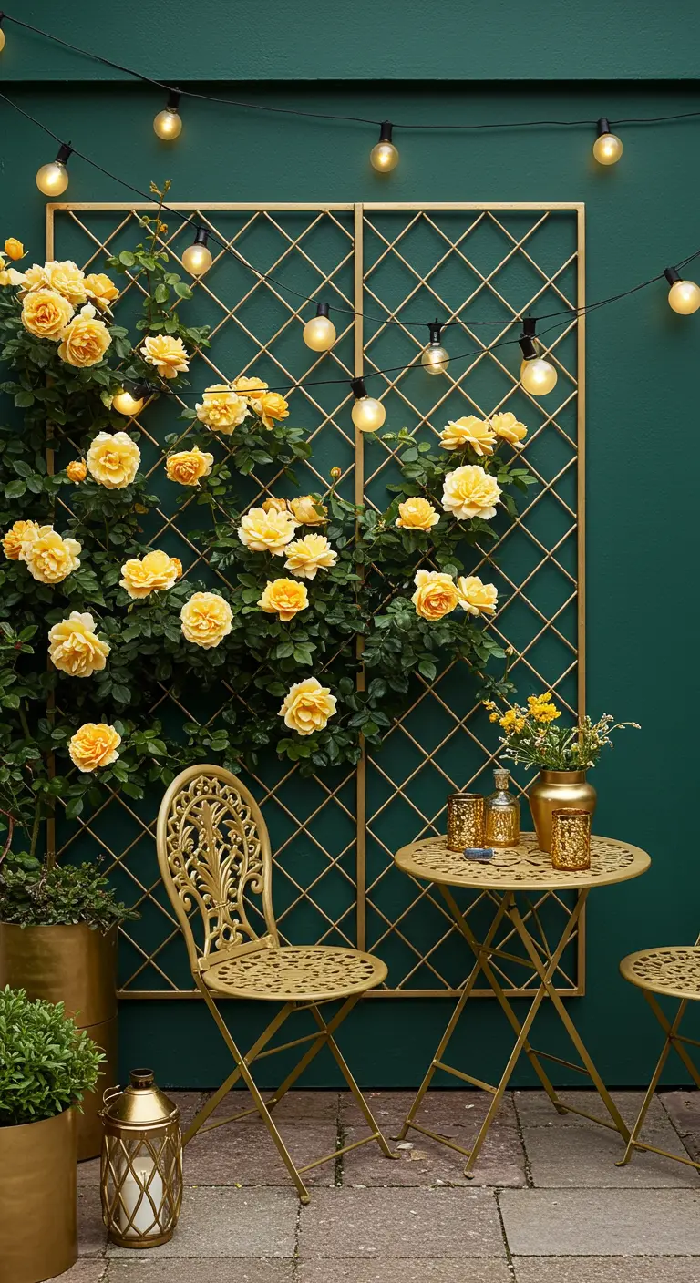 A golden bistro set and trellis with yellow roses against a dark green wall, creating a luxe look.