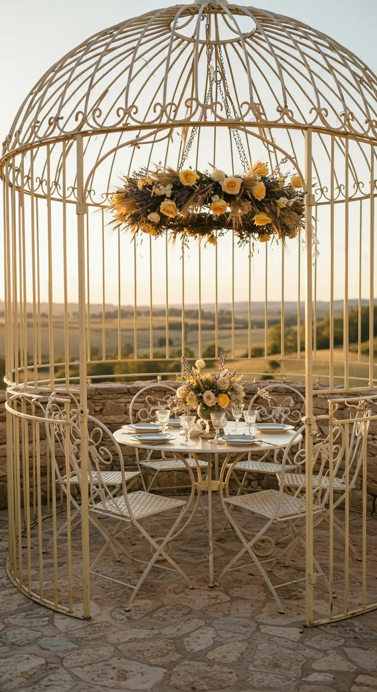 A cream-colored metal birdcage-style gazebo with a dried grass and yellow rose floral wreath.