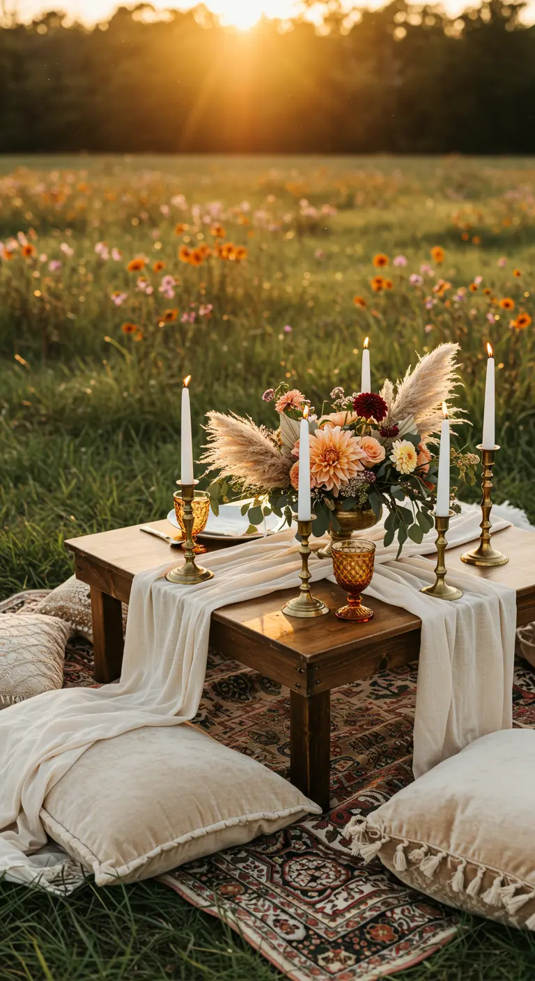 A low boho picnic table in a field at sunset with pampas grass and floor cushions.