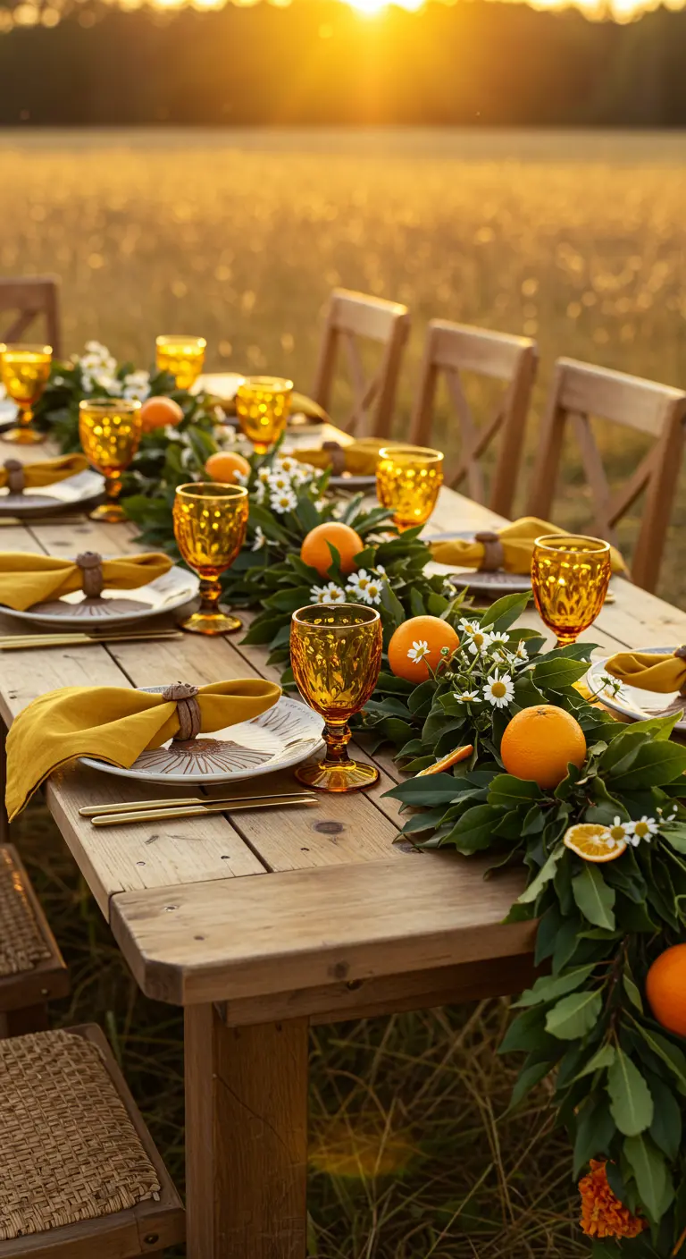 Wooden table at sunset with a garland of oranges and greenery.