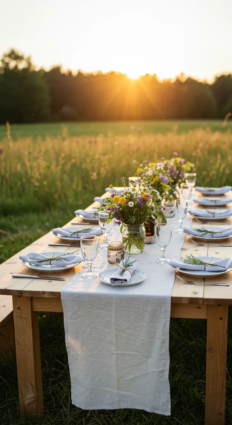 A simple wooden table set in a grassy field during a beautiful golden sunset.