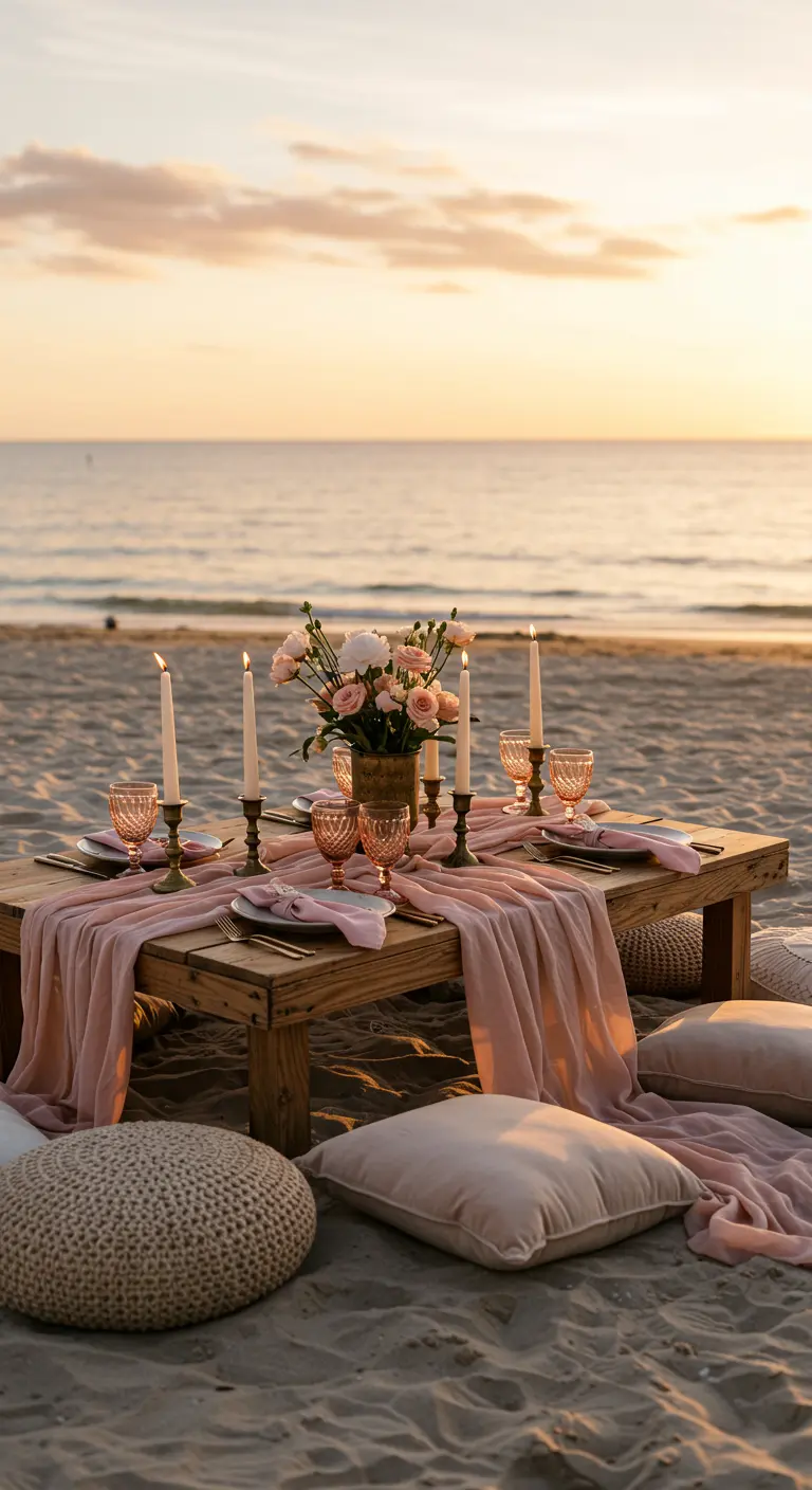 A low wooden table set for a picnic on the beach at sunset with blush linens and pillows.