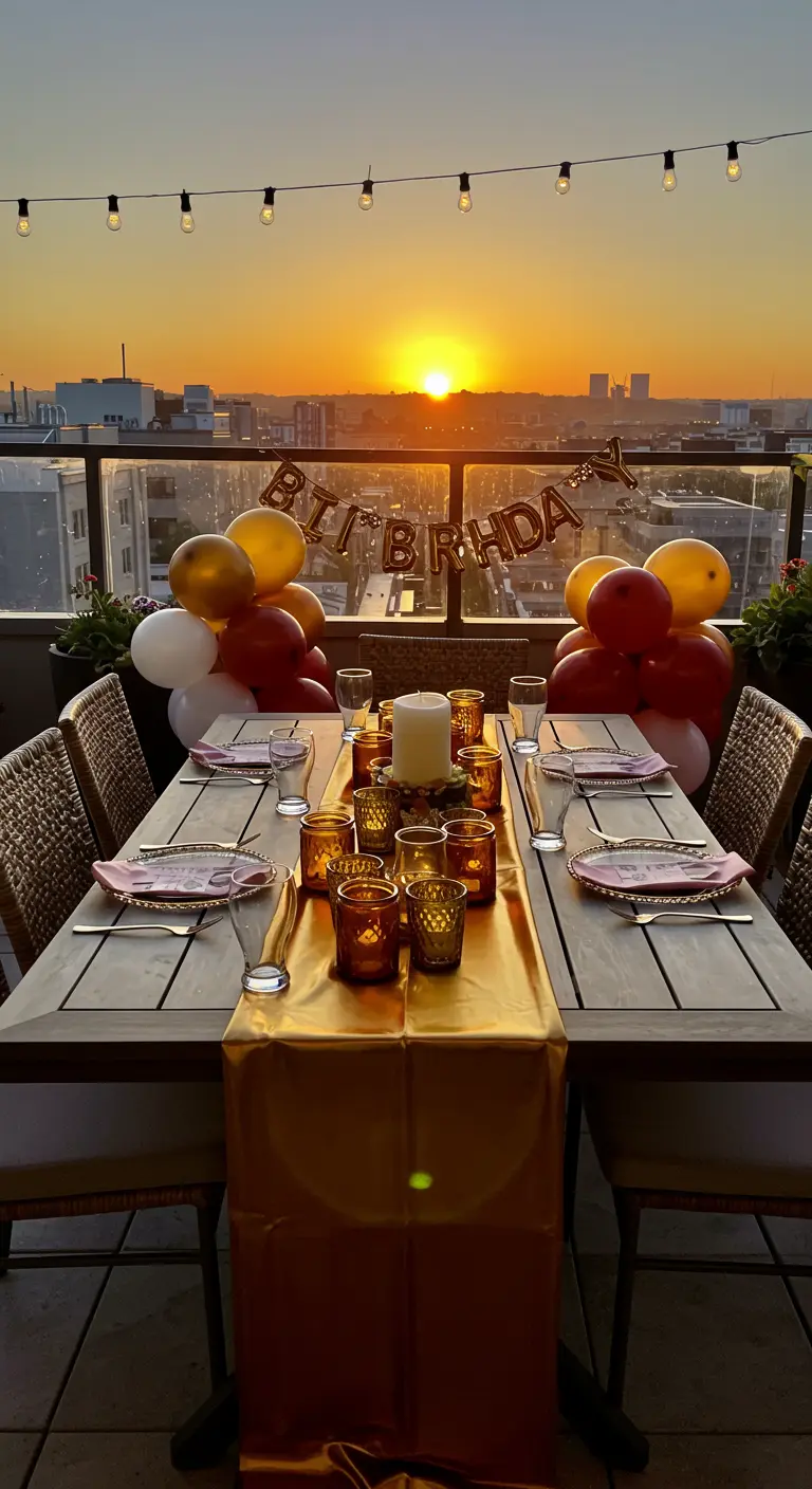 Rooftop dining table with a gold runner and amber candles, set against a sunset.