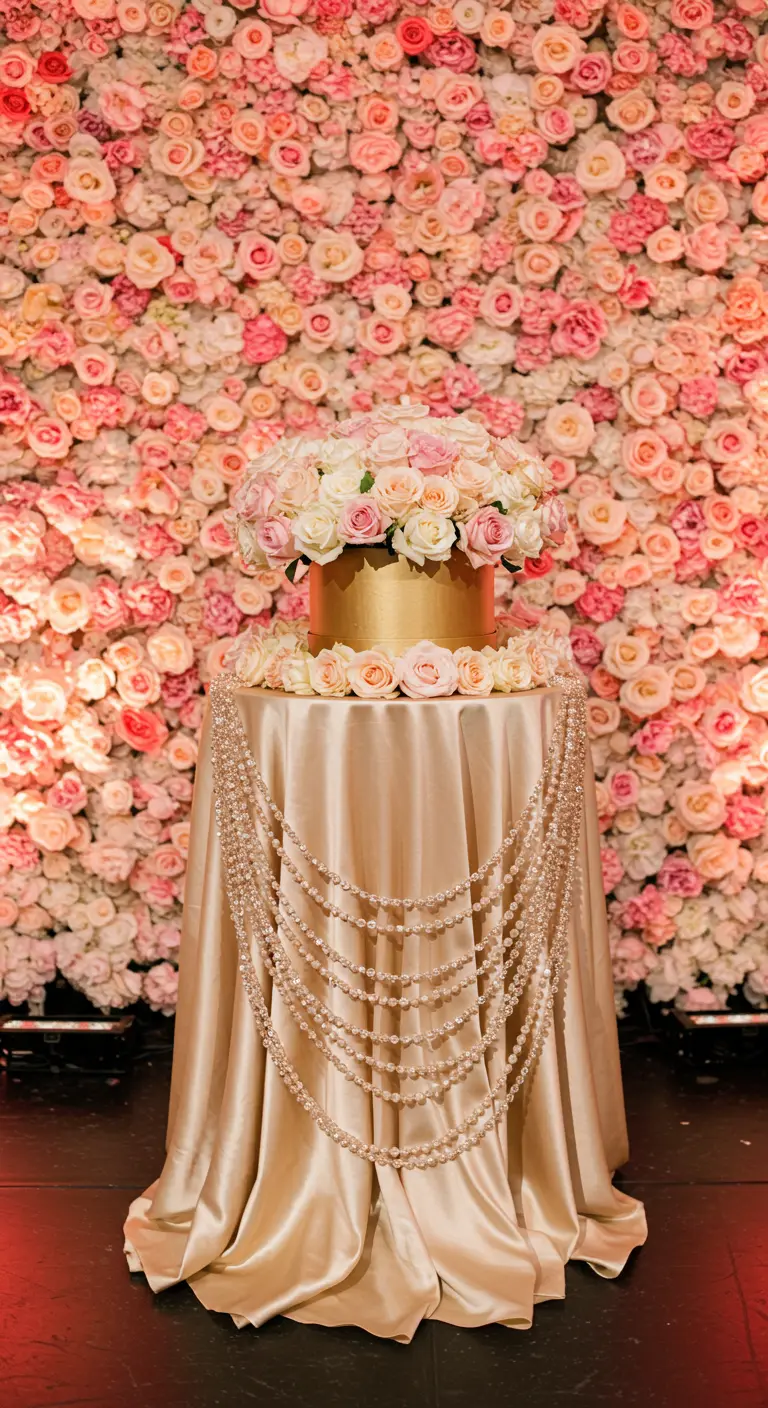 Gold hatbox of roses on a satin-draped pedestal, with crystal garlands and a flower wall.