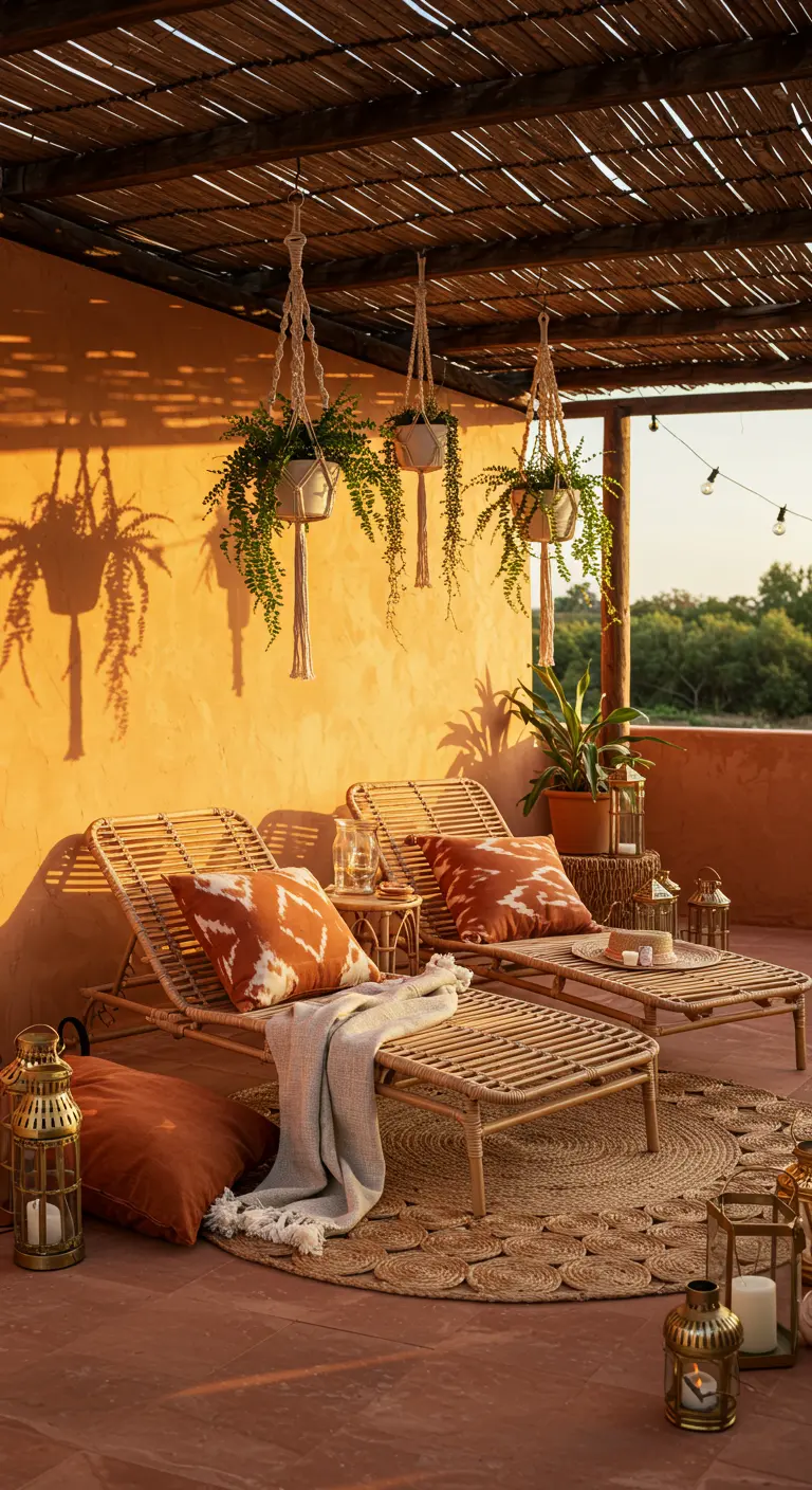 Rattan loungers on a terracotta patio with macramé planters at sunset.