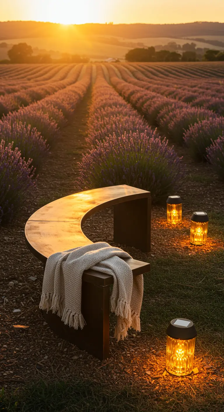 Curved wooden bench with a throw blanket at sunset in a lavender field.