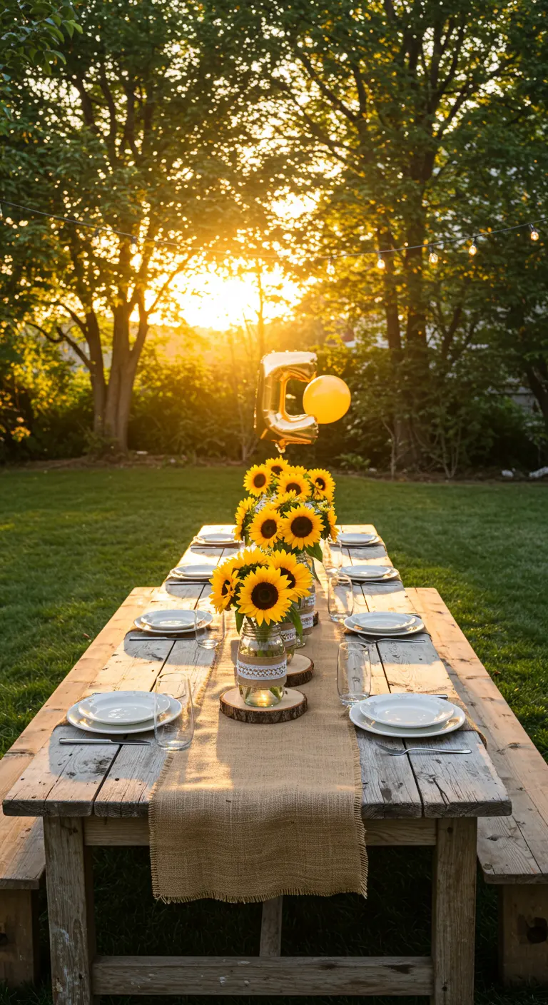 A long wooden table set for a party at sunset, with sunflower centerpieces in mason jars.