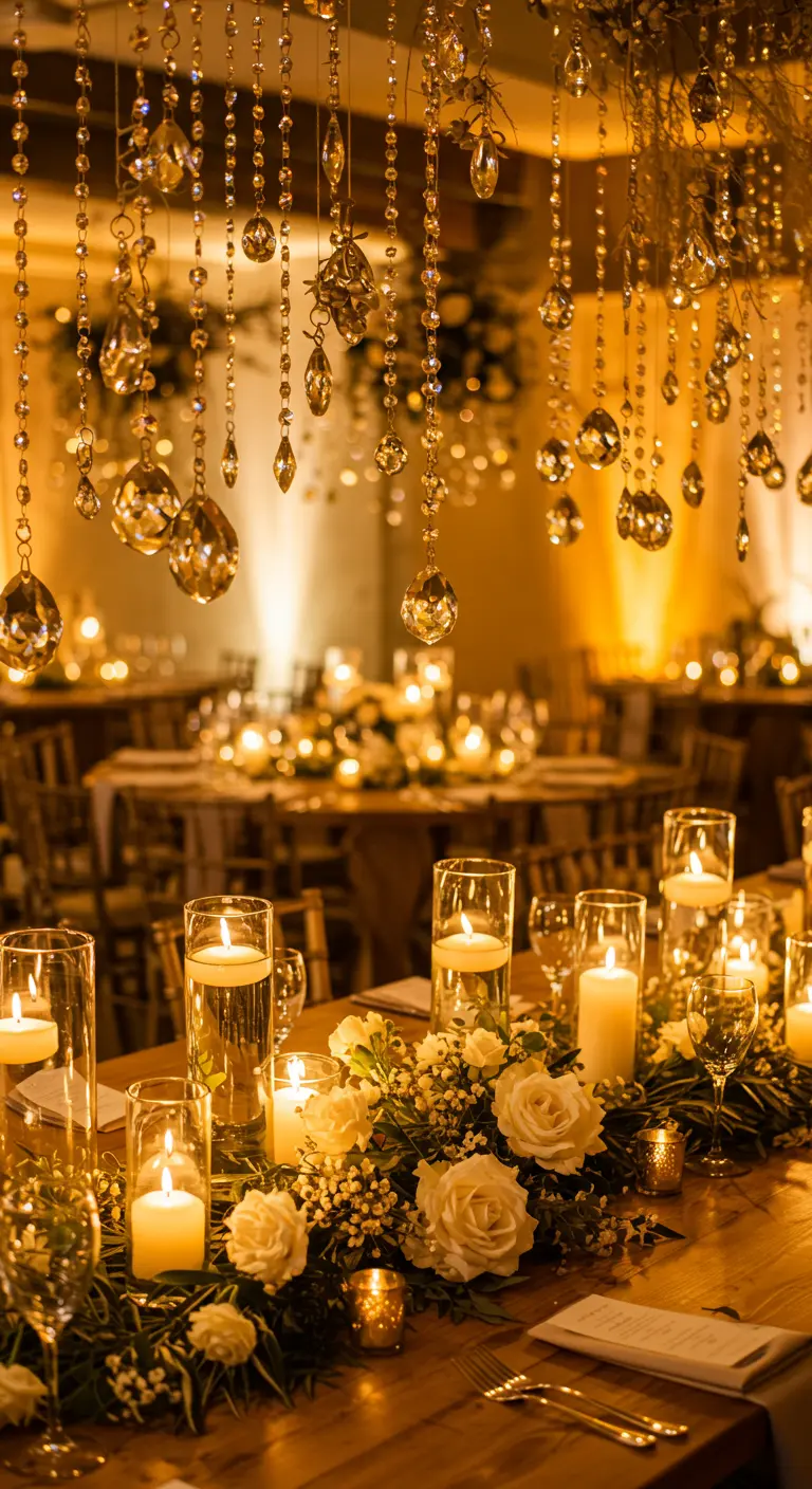 A warm, candlelit table with a white rose garland and hanging crystal strands.