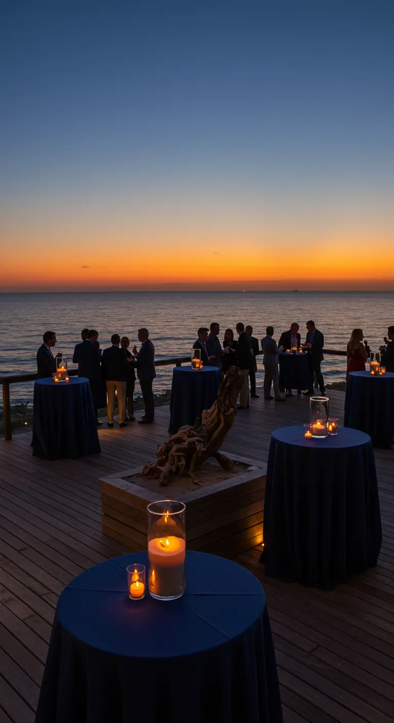 A group of people enjoying a cocktail party on a wooden deck overlooking the ocean at sunset.