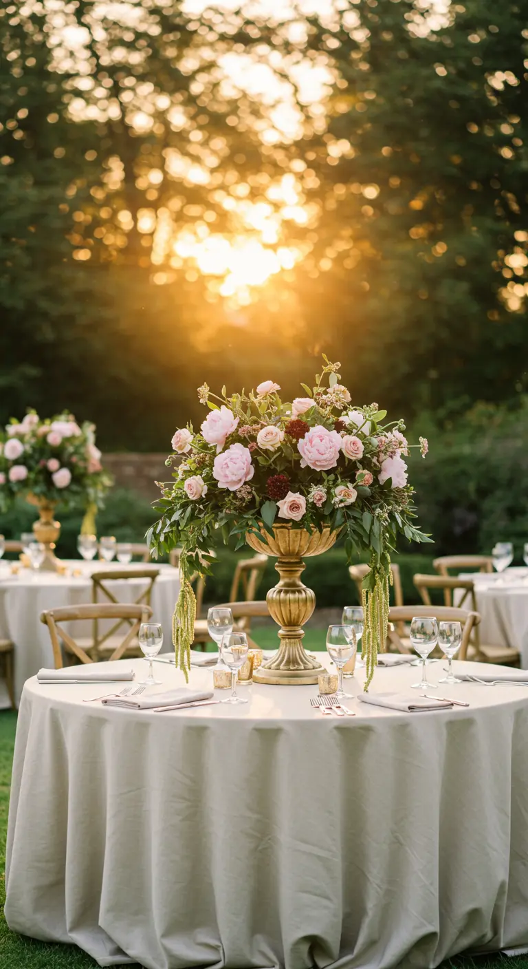 Gold pedestal vase with a large bouquet of pink peonies and roses on a round table at sunset.